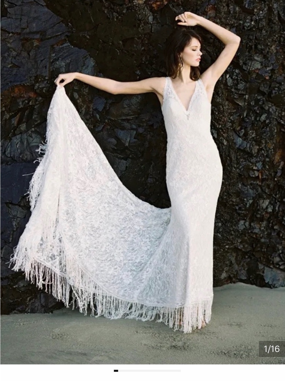 Elegant Ivory Lace Wedding Dress with Sheer Fringe Train